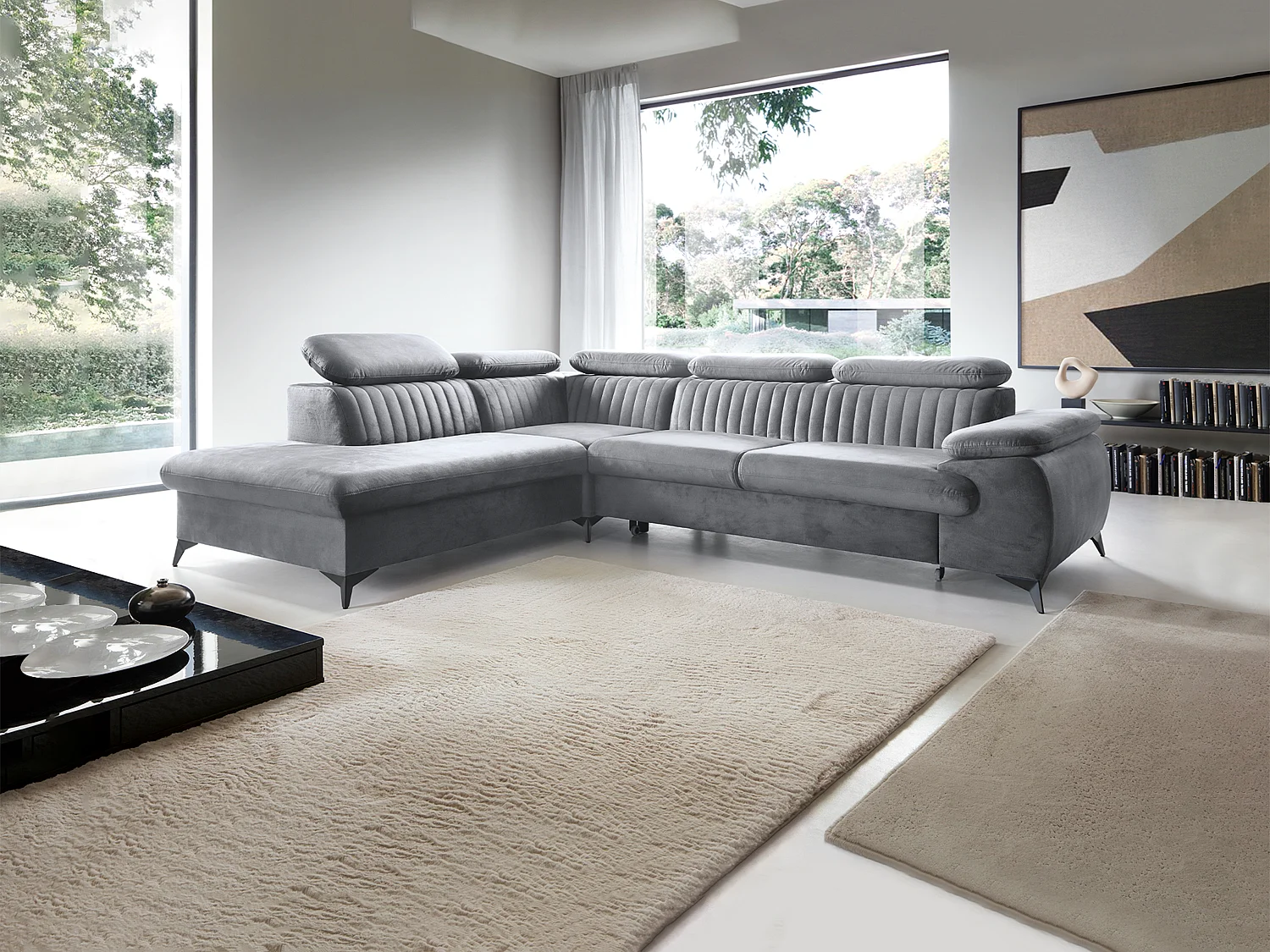Grote slaapbank met hoek links in lichtgrijs fluweel SAMARA van Pascal Morabito