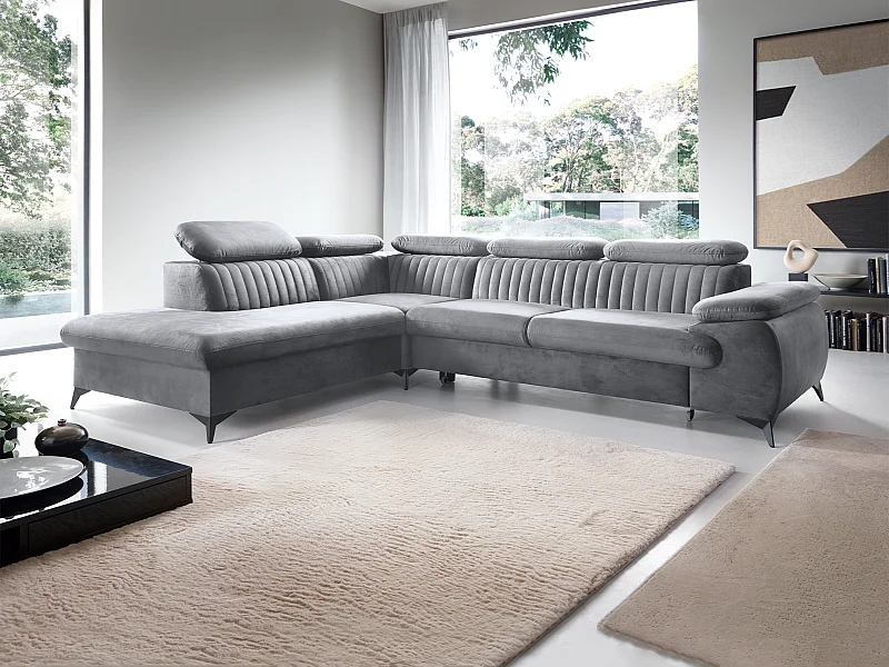 Grote slaapbank met hoek links in lichtgrijs fluweel SAMARA van Pascal Morabito