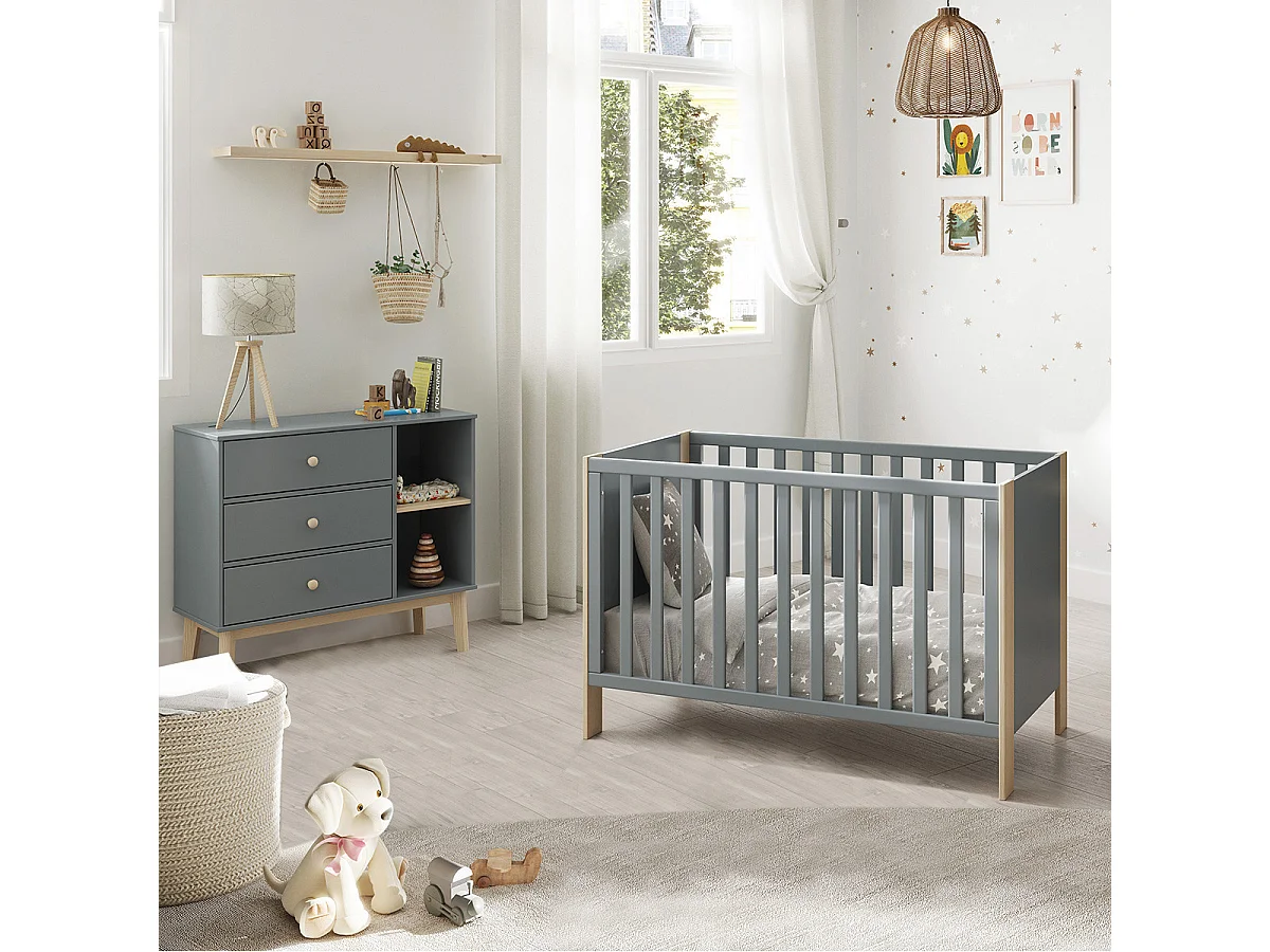 KAINA - Pack Lit Bébé 60x120cm + Commode 3 Tiroirs Coloris Gris et Naturel