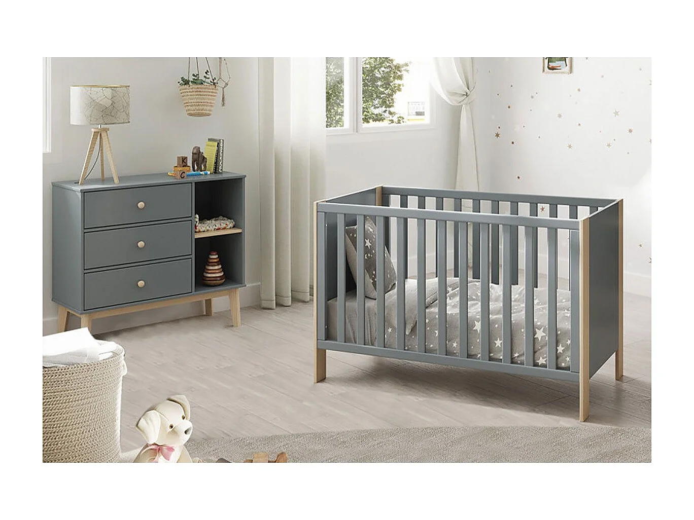 KAINA - Pack Lit Bébé 60x120cm + Commode 3 Tiroirs Coloris Gris et Naturel