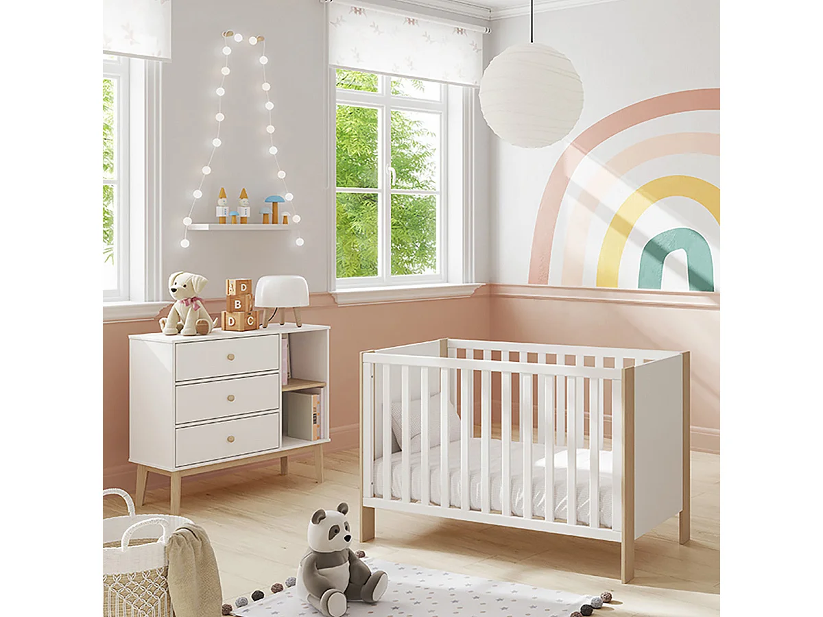 KAINA - Pack Lit Bébé 60x120cm + Commode 3 Tirois Coloris Blanc et Naturel