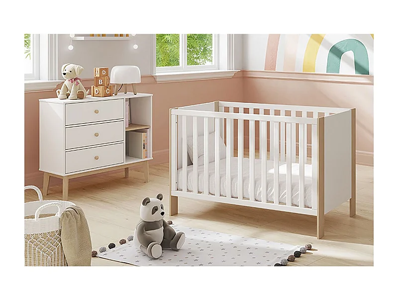 KAINA - Pack Lit Bébé 60x120cm + Commode 3 Tirois Coloris Blanc et Naturel