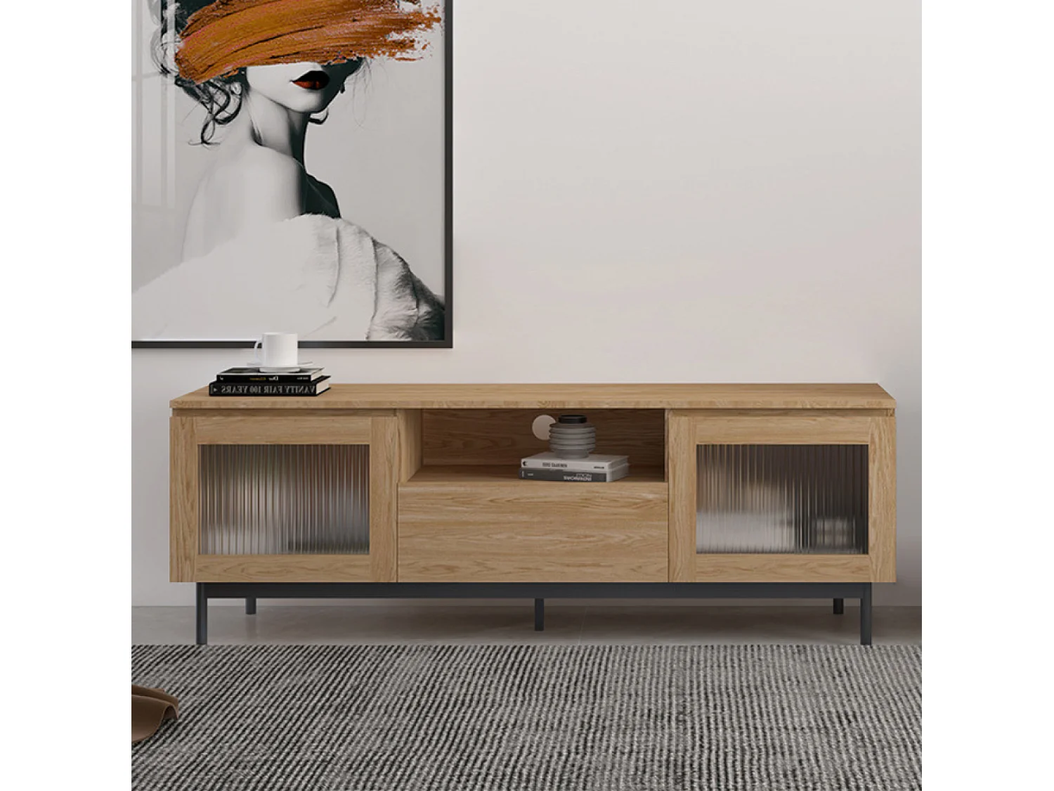 Meuble TV 160cm avec portes de placards en verre flûté PRAGUE