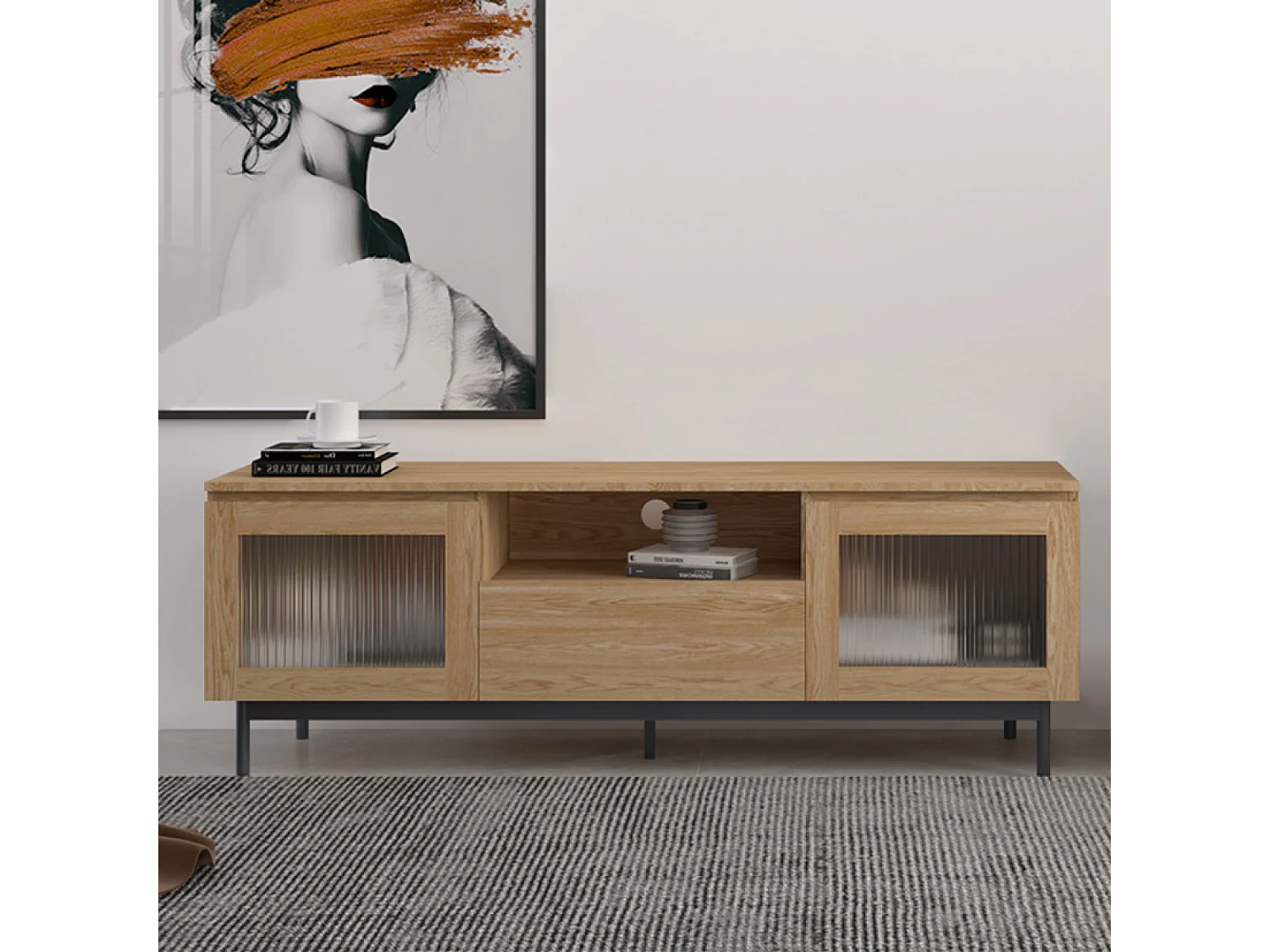 Meuble TV 160cm avec portes de placards en verre flûté PRAGUE