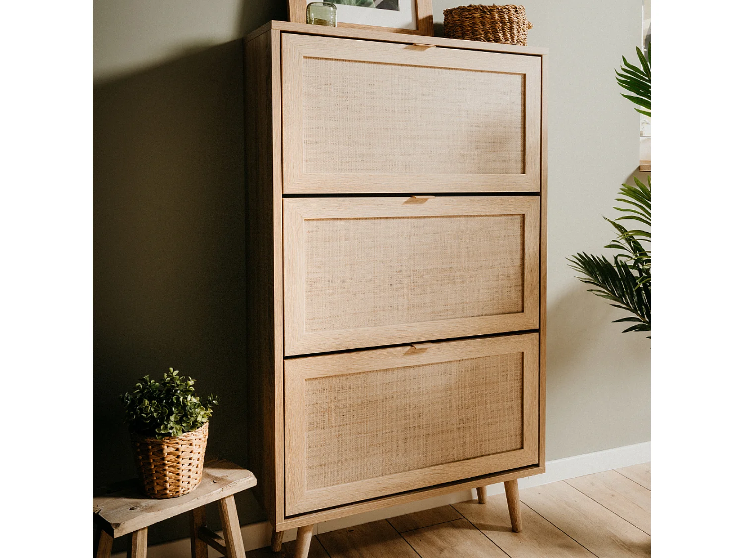 Meuble à chaussures en bois 3 tiroirs effet cannage TIVAT