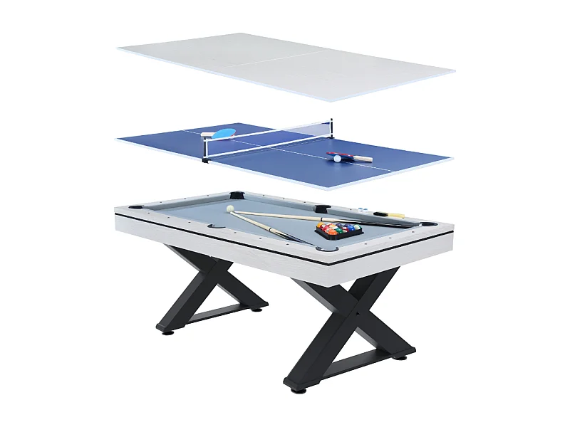 TEXAS Multifunctionele tafel, wit houten tafeltennis en biljarttafel
