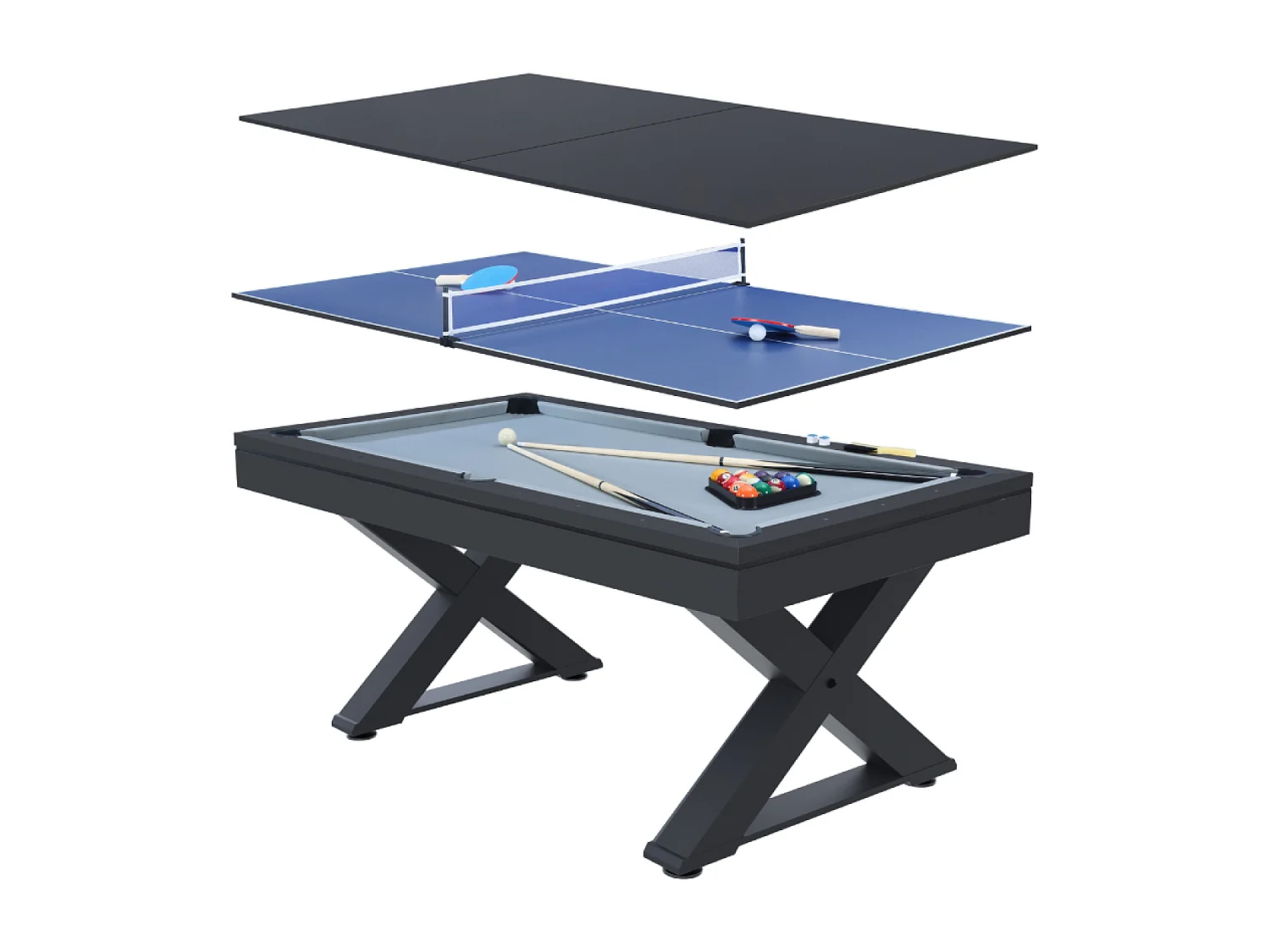Tavolo multi-gioco in legno nero ping-pong e biliardo TEXAS