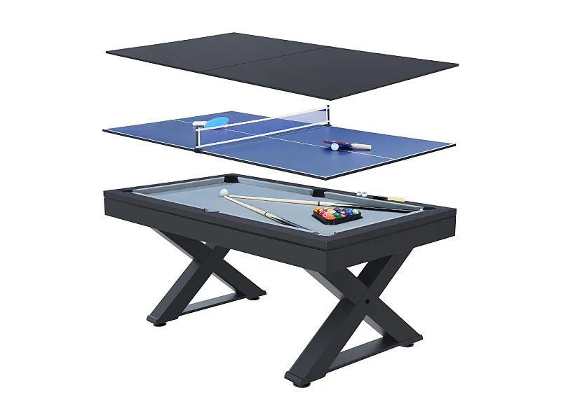 Tavolo multi-gioco in legno nero ping-pong e biliardo TEXAS