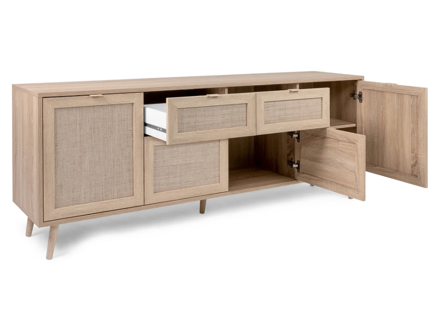 Buffet TIVAT em Carvalho Sonoma com Cannage, 4 Portas, 2 Gavetas - Estilo Industrial