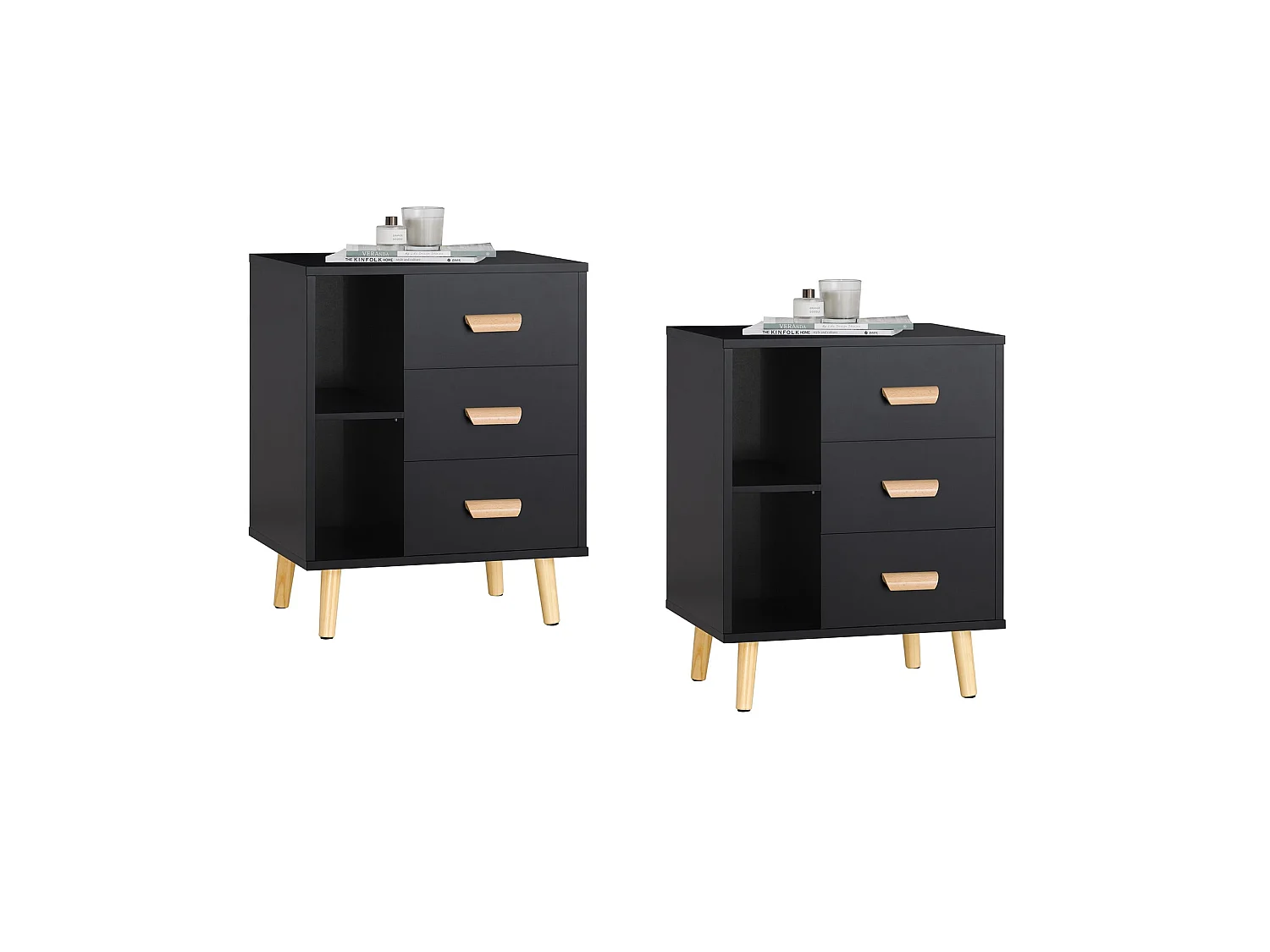 Set de 2 Mesas Auxiliares Mesita de Noche con 3 Cajones Mesa para Salón Comedor con 2 Estantes 48 x 40 x 60 cm Negro FBT95-SCHx2 SoBuy ES