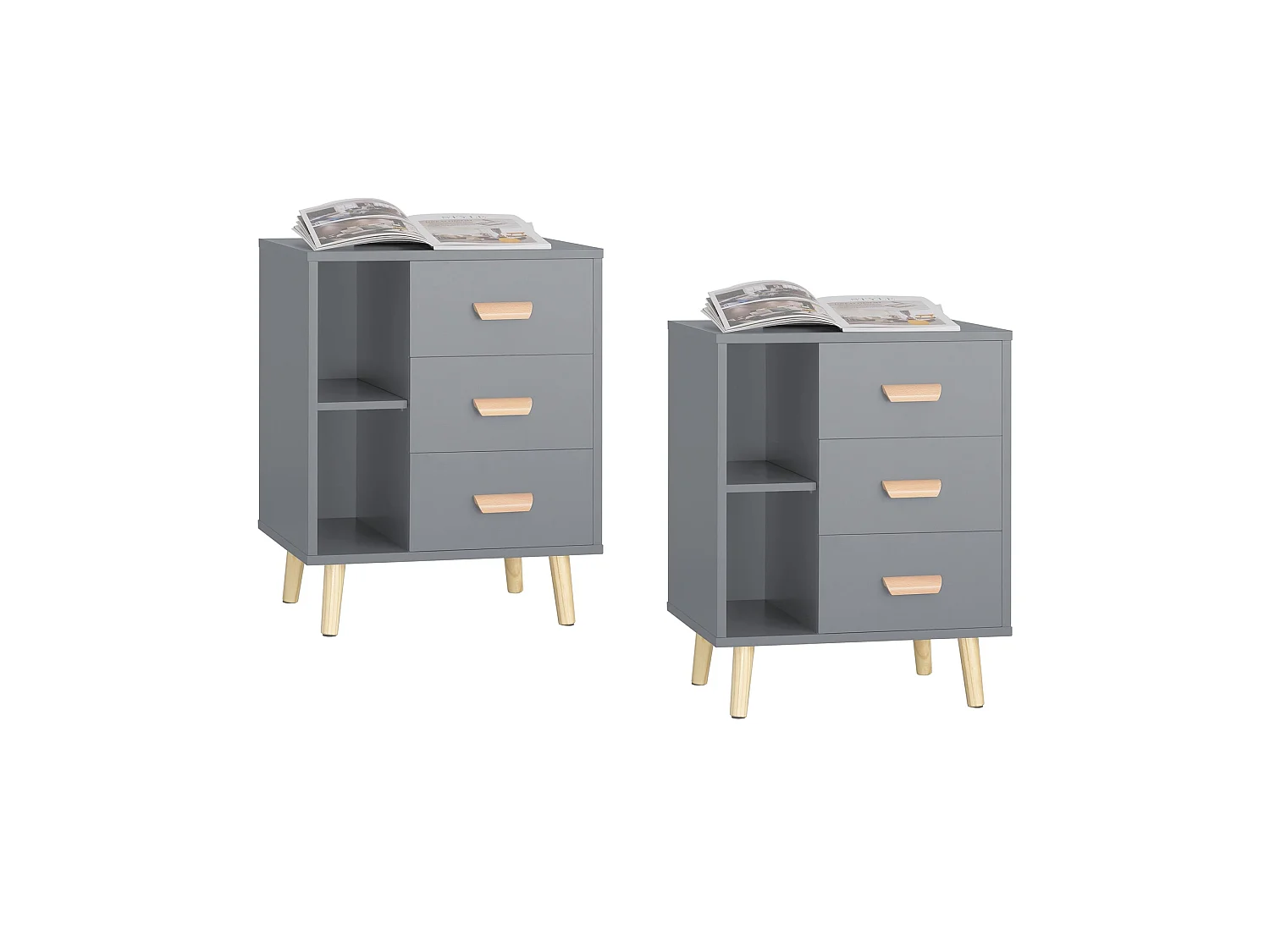 Set de 2 Mesas Auxiliares Mesita de Noche con 3 Cajones Mesa para Salón Comedor con 2 Estantes 48 x 40 x 60 cm Gris FBT95-HGx2 SoBuy ES