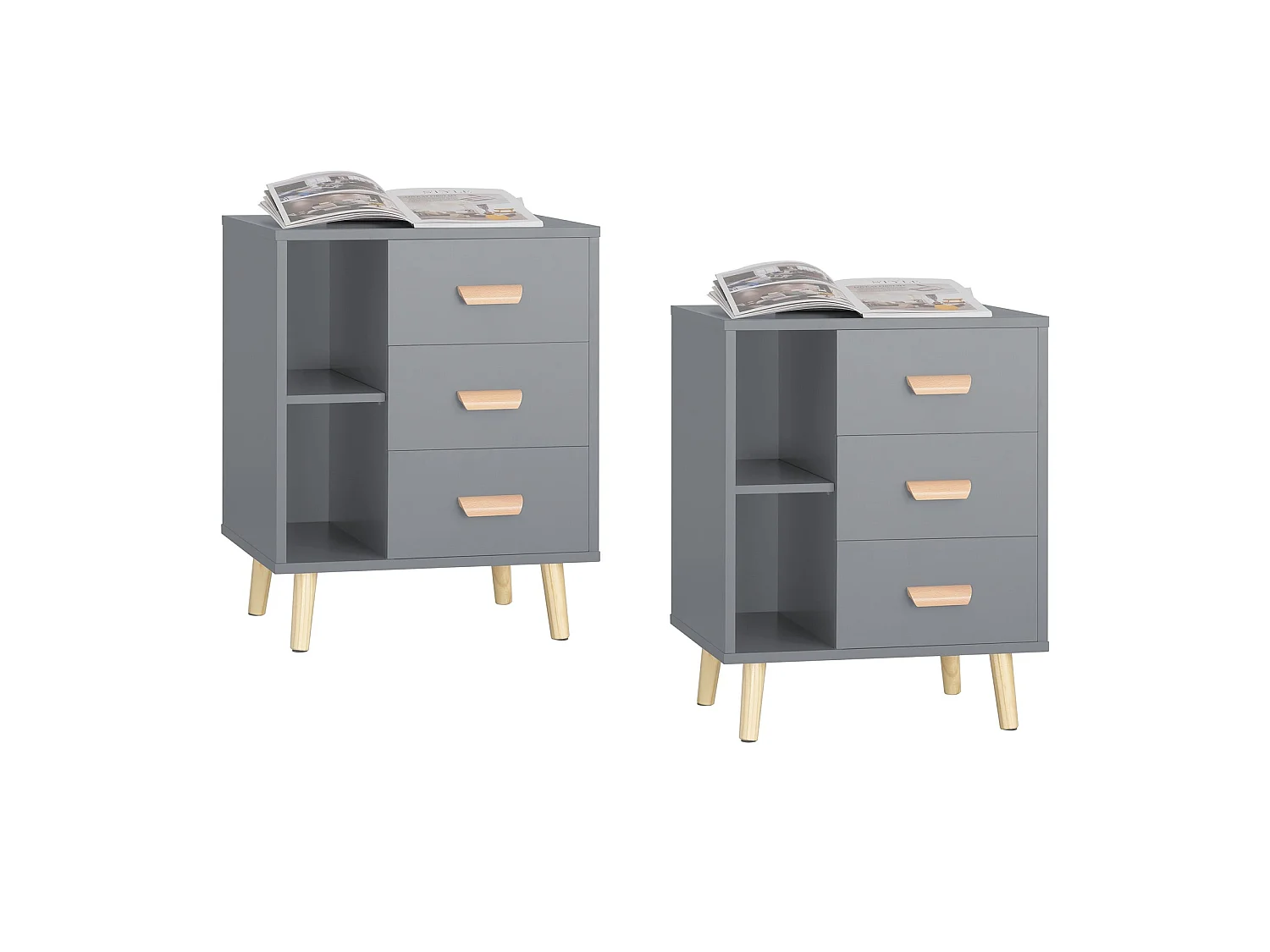 Set de 2 Mesas Auxiliares Mesita de Noche con 3 Cajones Mesa para Salón Comedor con 2 Estantes 48 x 40 x 60 cm Gris FBT95-HGx2 SoBuy ES