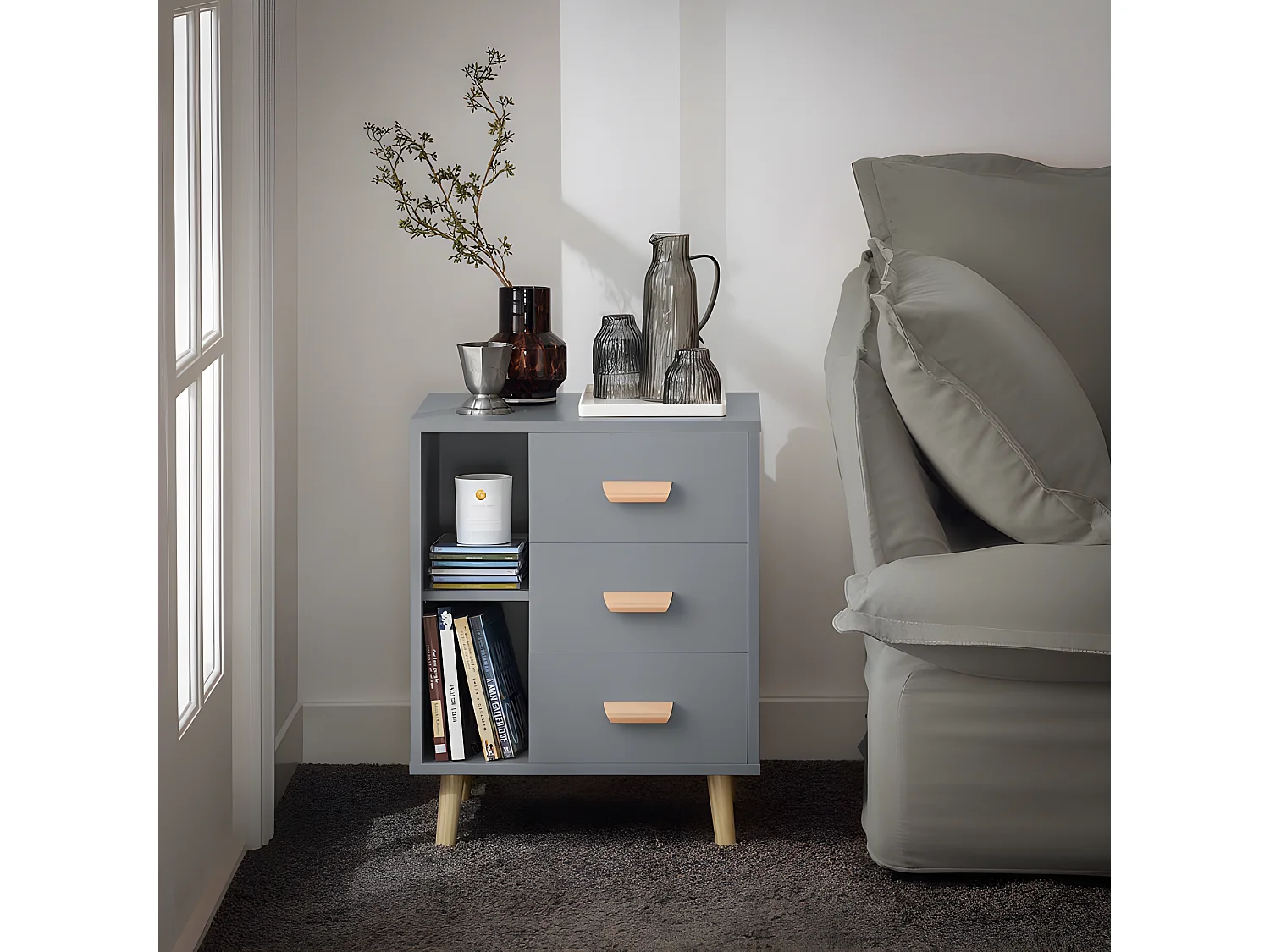 Set de 2 Mesas Auxiliares Mesita de Noche con 3 Cajones Mesa para Salón Comedor con 2 Estantes 48 x 40 x 60 cm Gris FBT95-HGx2 SoBuy ES