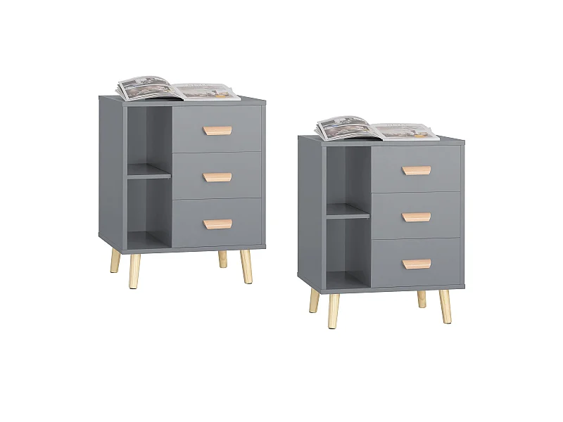 Set de 2 Mesas Auxiliares Mesita de Noche con 3 Cajones Mesa para Salón Comedor con 2 Estantes 48 x 40 x 60 cm Gris FBT95-HGx2 SoBuy ES