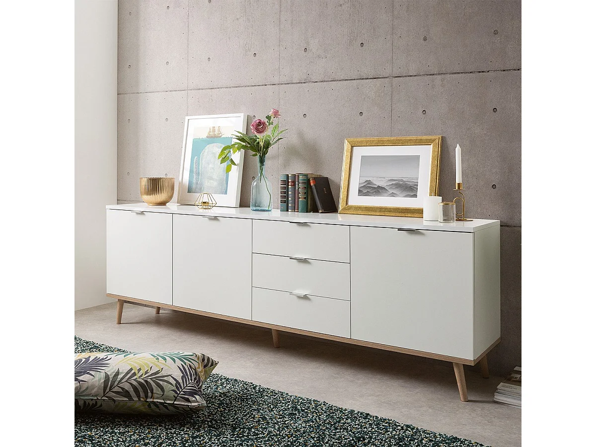 Buffet Bas 3 Portes 2 Étagères 3 Tiroirs L200 cm - COPENHAGUE