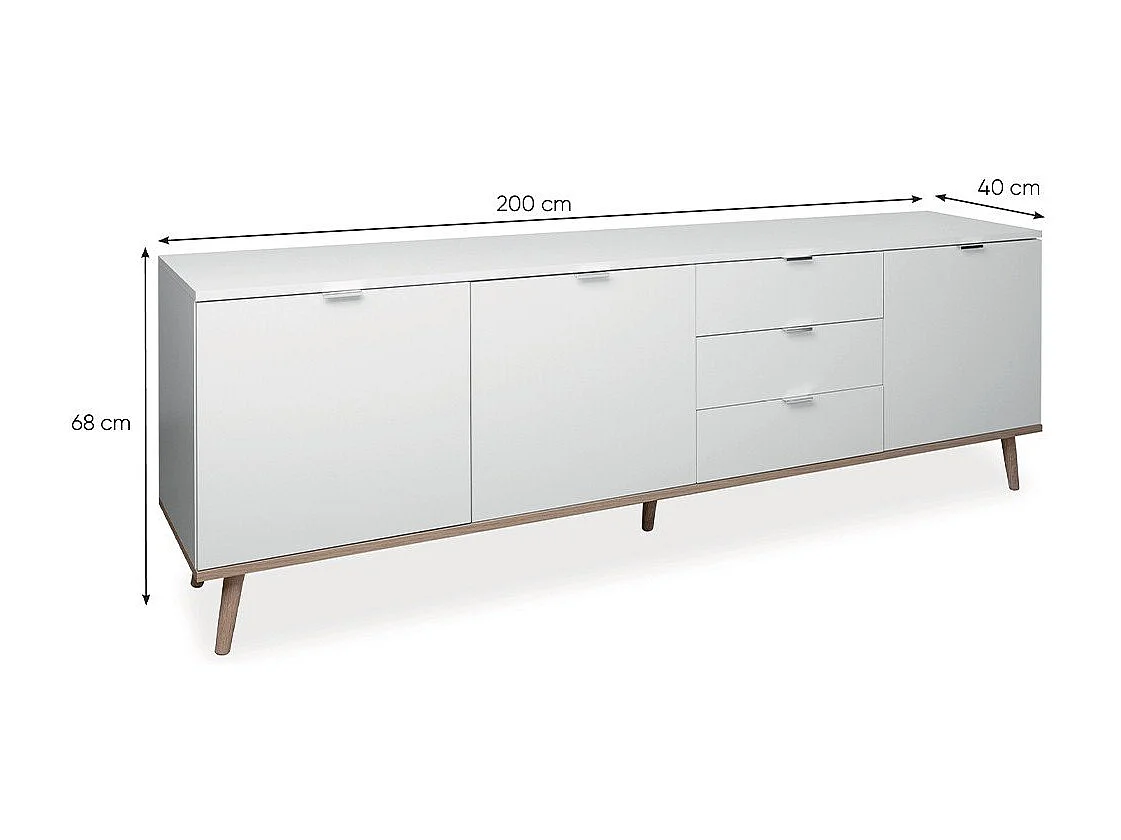 Buffet Bas 3 Portes 2 Étagères 3 Tiroirs L200 cm - COPENHAGUE