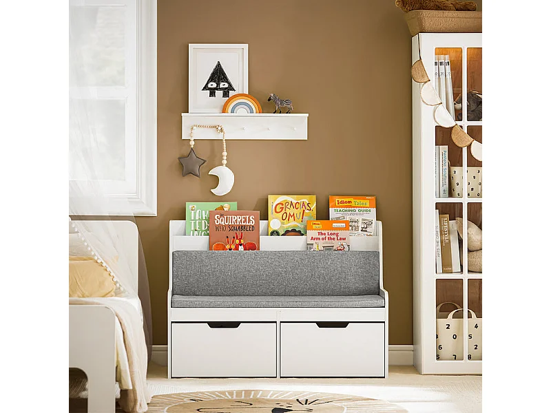 SoBuy Coffre à Jouets Enfants, Banc de Rangement pour Enfants avec Bibliothèque, 2 Tiroirs sur roulettes et Coussin d'assise, 100 x 45 x 70 cm, Blanc, KMB66-W