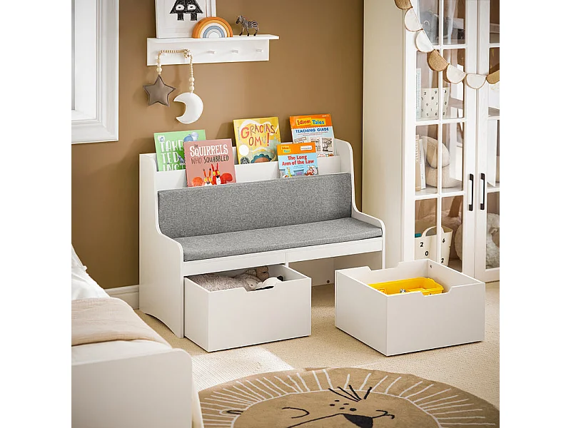 SoBuy Coffre à Jouets Enfants, Banc de Rangement pour Enfants avec Bibliothèque, 2 Tiroirs sur roulettes et Coussin d'assise, 100 x 45 x 70 cm, Blanc, KMB66-W