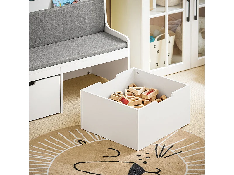SoBuy Coffre à Jouets Enfants, Banc de Rangement pour Enfants avec Bibliothèque, 2 Tiroirs sur roulettes et Coussin d'assise, 100 x 45 x 70 cm, Blanc, KMB66-W