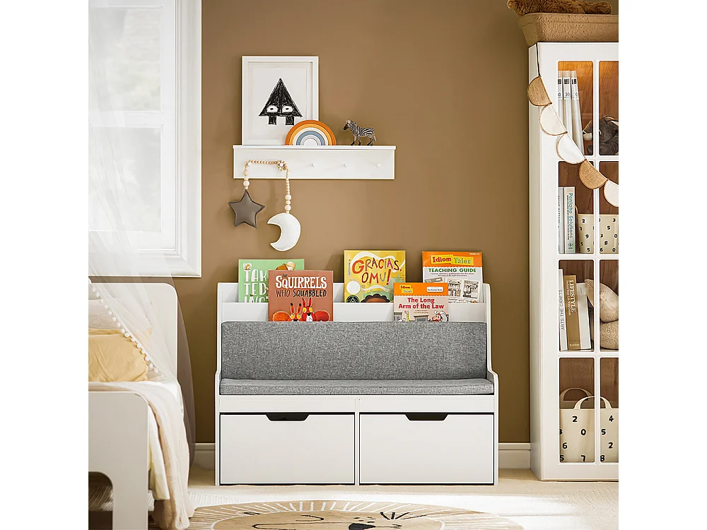 SoBuy Coffre à Jouets Enfants, Banc de Rangement pour Enfants avec Bibliothèque, 2 Tiroirs sur roulettes et Coussin d'assise, 100 x 45 x 70 cm, Blanc, KMB66-W