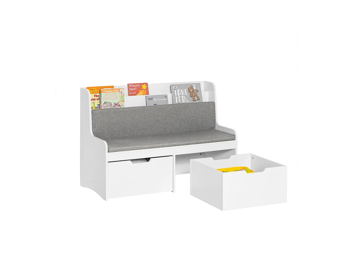 SoBuy Coffre à Jouets Enfants, Banc de Rangement pour Enfants avec Bibliothèque, 2 Tiroirs sur roulettes et Coussin d'assise, 100 x 45 x 70 cm, Blanc, KMB66-W