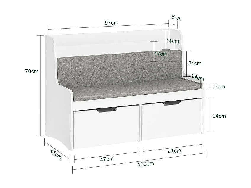 SoBuy Coffre à Jouets Enfants, Banc de Rangement pour Enfants avec Bibliothèque, 2 Tiroirs sur roulettes et Coussin d'assise, 100 x 45 x 70 cm, Blanc, KMB66-W