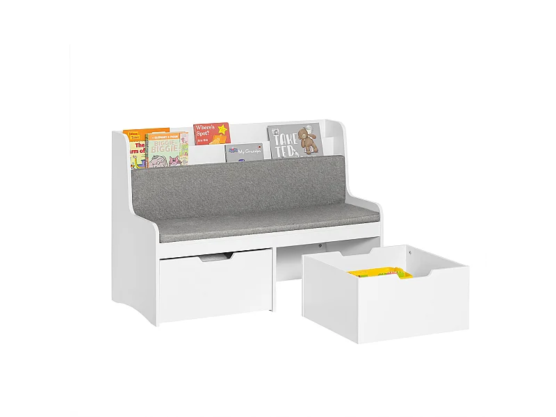 SoBuy Coffre à Jouets Enfants, Banc de Rangement pour Enfants avec Bibliothèque, 2 Tiroirs sur roulettes et Coussin d'assise, 100 x 45 x 70 cm, Blanc, KMB66-W