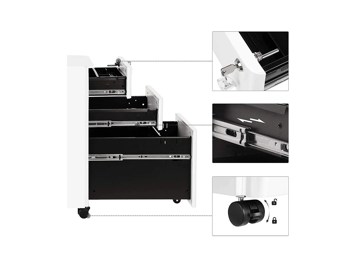 Caisson de Rangement Bureau 3 Tiroirs sur Roulettes Blanc