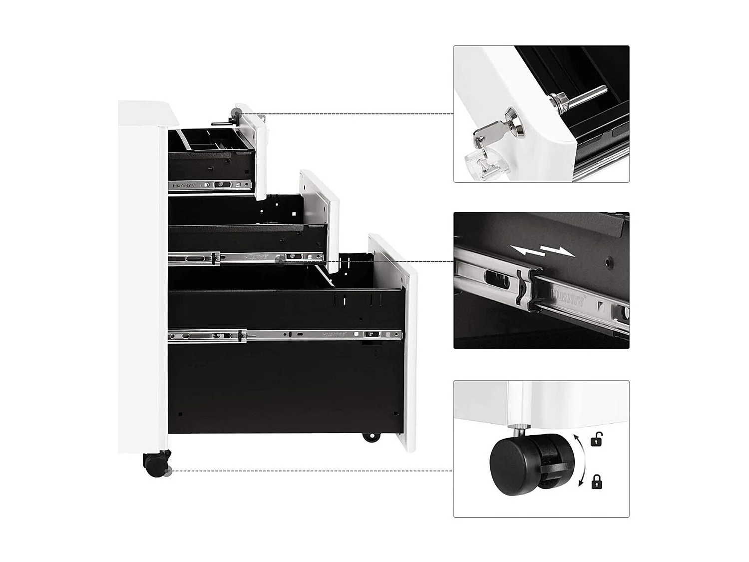 Cassetto di Archiviazione per Ufficio Bianco a 3 Cassetti con Ruote e Spazio di Archiviazione