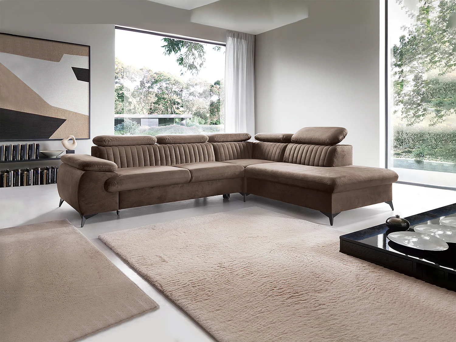 Canapé grand angle droit convertible en velours taupe SAMARA de Pascal Morabito