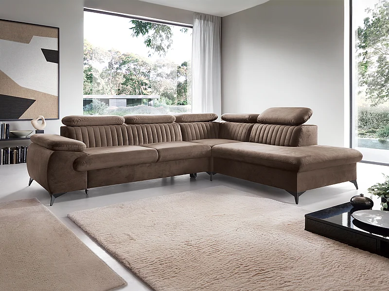 Canapé grand angle droit convertible en velours taupe SAMARA de Pascal Morabito