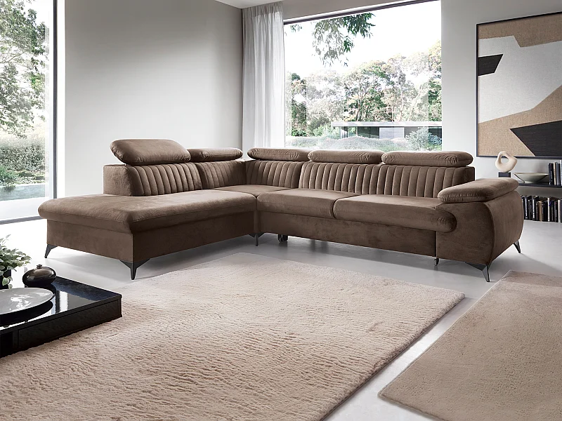 Canapé grand angle gauche convertible en velours taupe SAMARA de Pascal Morabito
