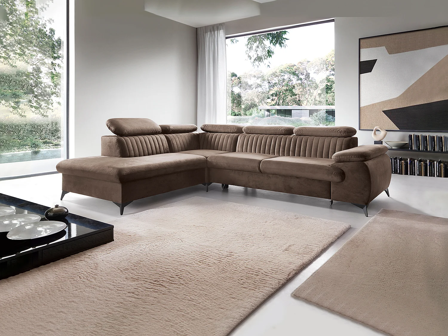 Canapé grand angle gauche convertible en velours taupe SAMARA de Pascal Morabito