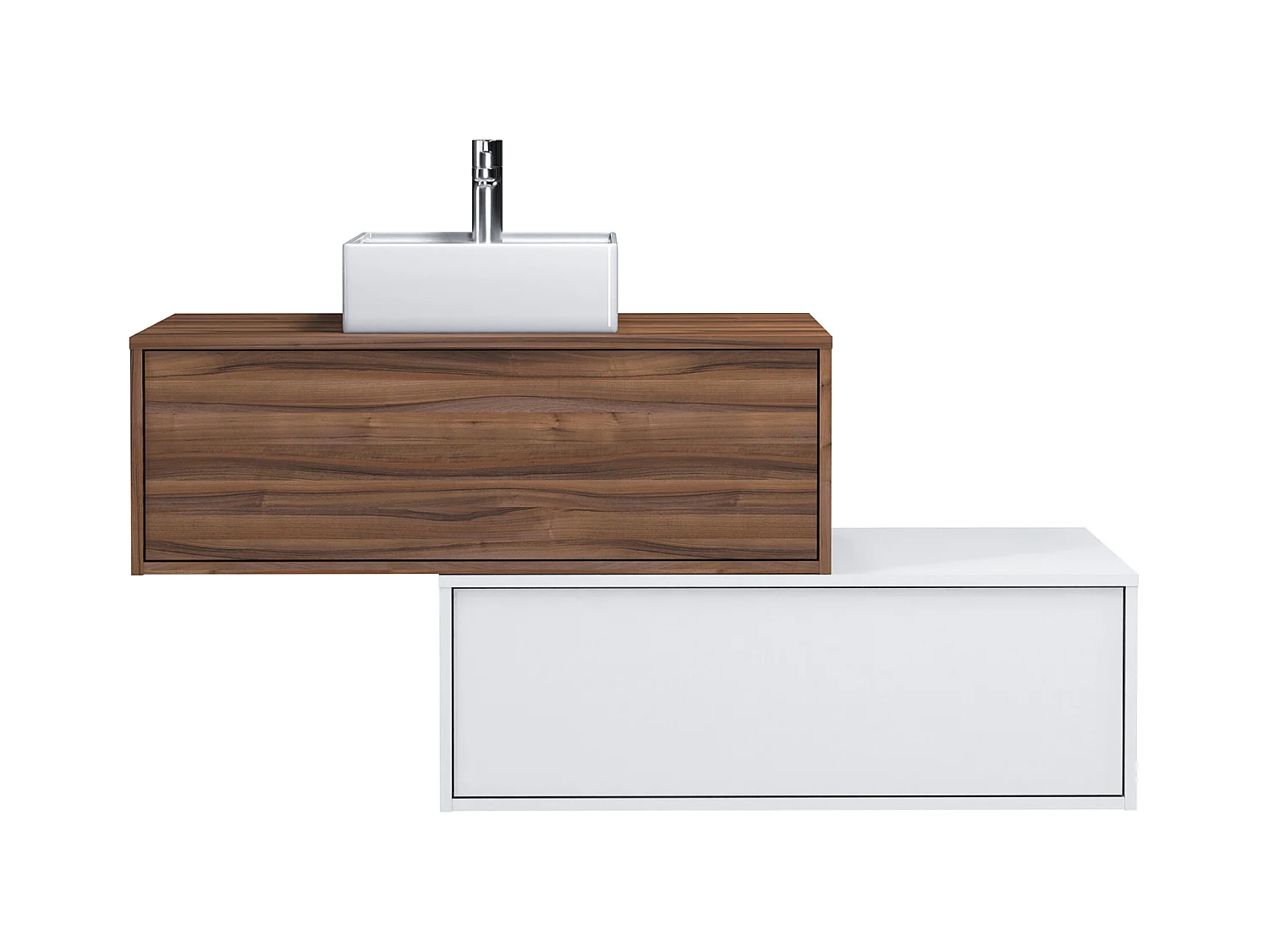 Meuble de salle de bain suspendu naturel foncé et blanc avec simple vasque carrée et deux tiroirs - 94 cm - TEANA II