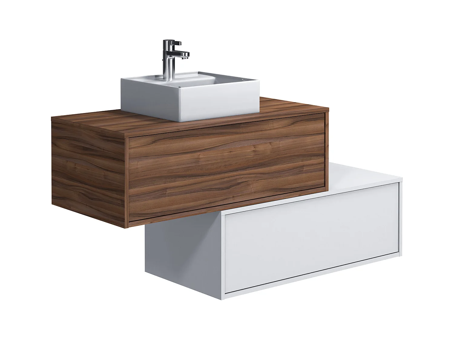 Meuble de salle de bain suspendu naturel foncé et blanc avec simple vasque carrée et deux tiroirs - 94 cm - TEANA II