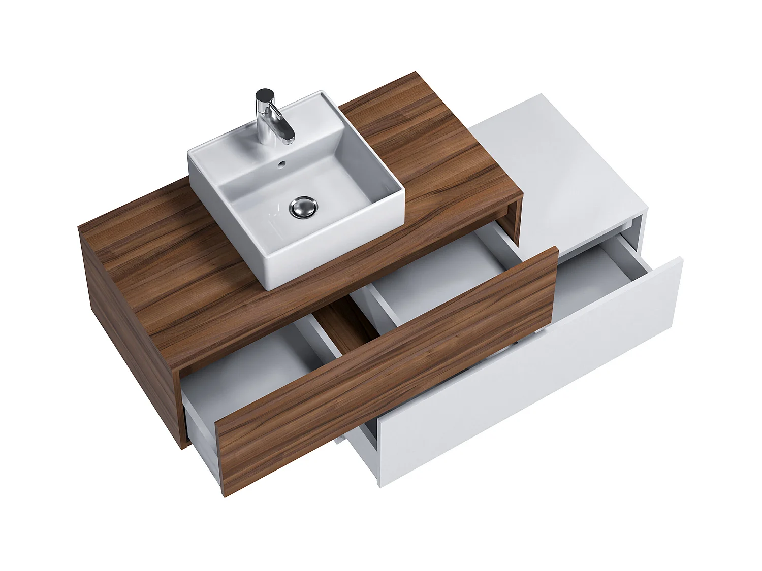 Meuble de salle de bain suspendu naturel foncé et blanc avec simple vasque carrée et deux tiroirs - 94 cm - TEANA II