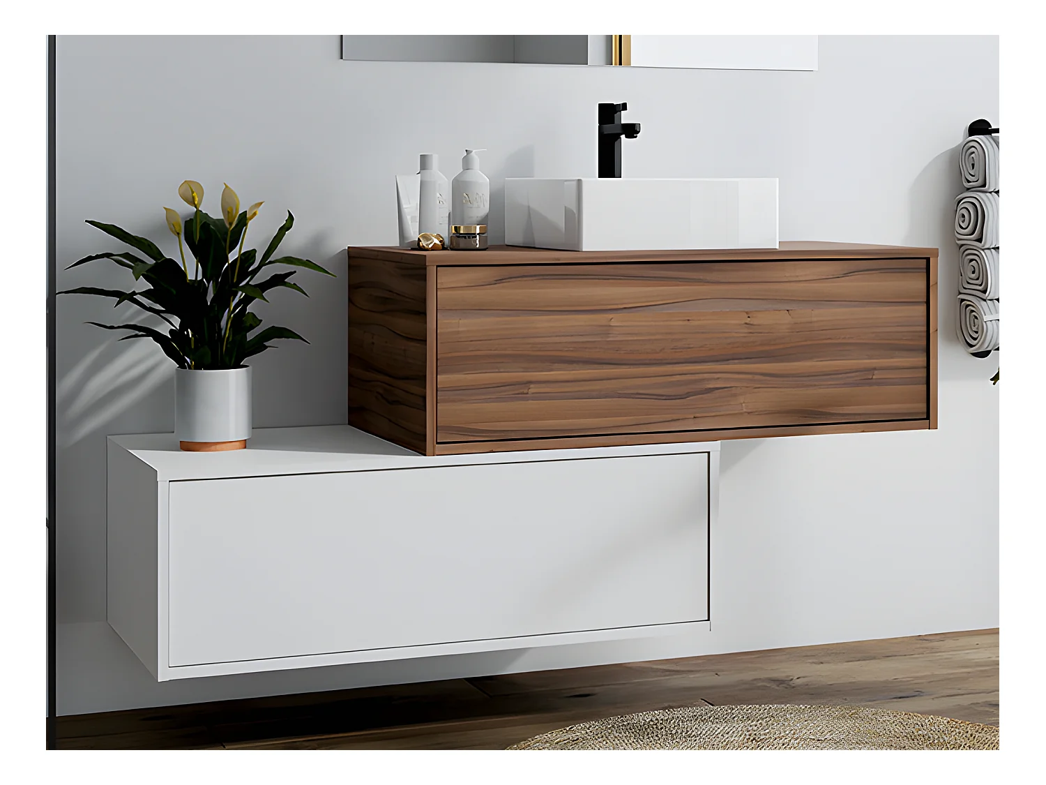 Meuble de salle de bain suspendu naturel foncé et blanc avec simple vasque carrée et deux tiroirs - 94 cm - TEANA II