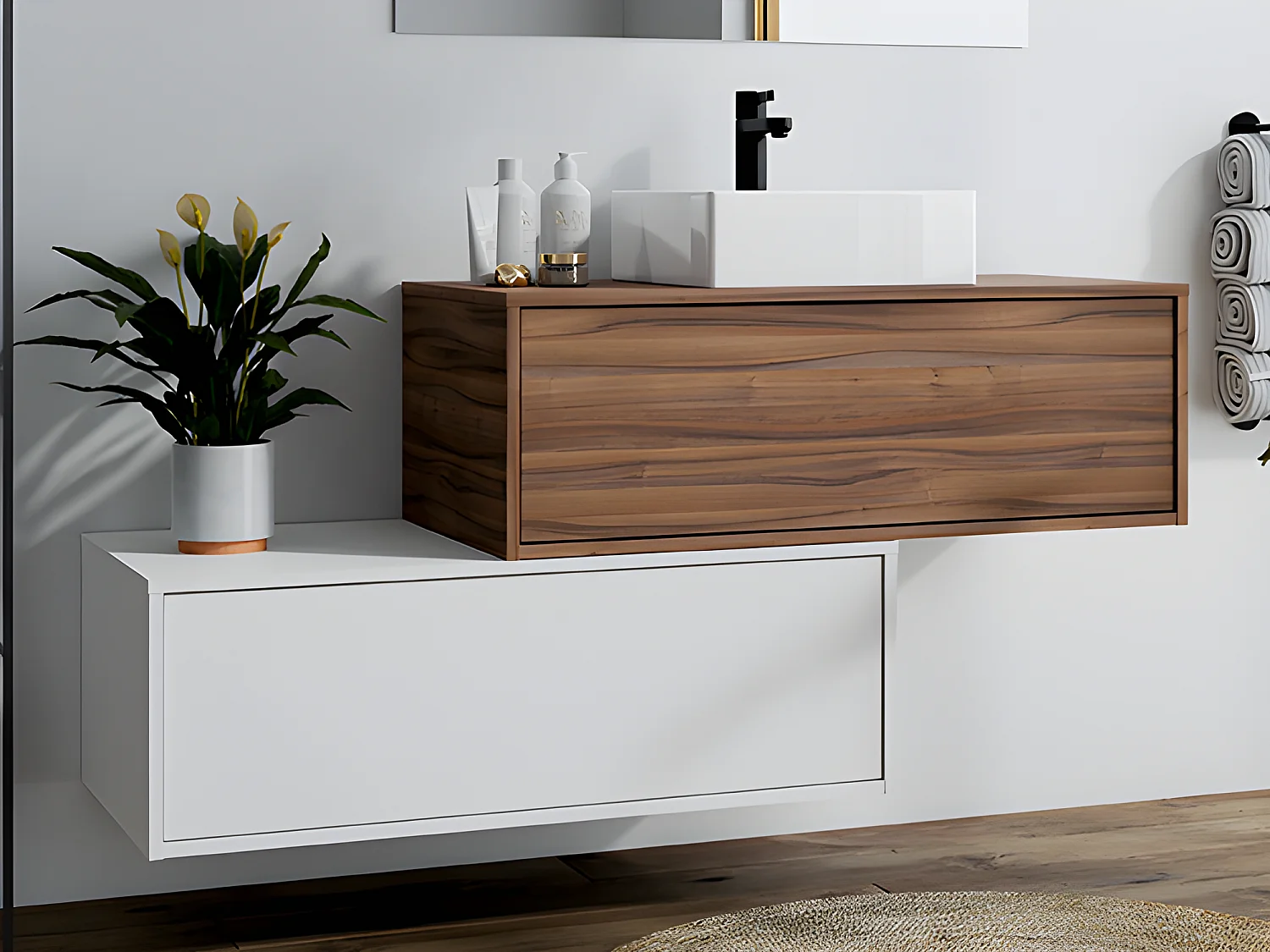 Donker naturel en wit hangend badkamermeubel met enkele wastafel en twee lades - 94 cm - TEANA II