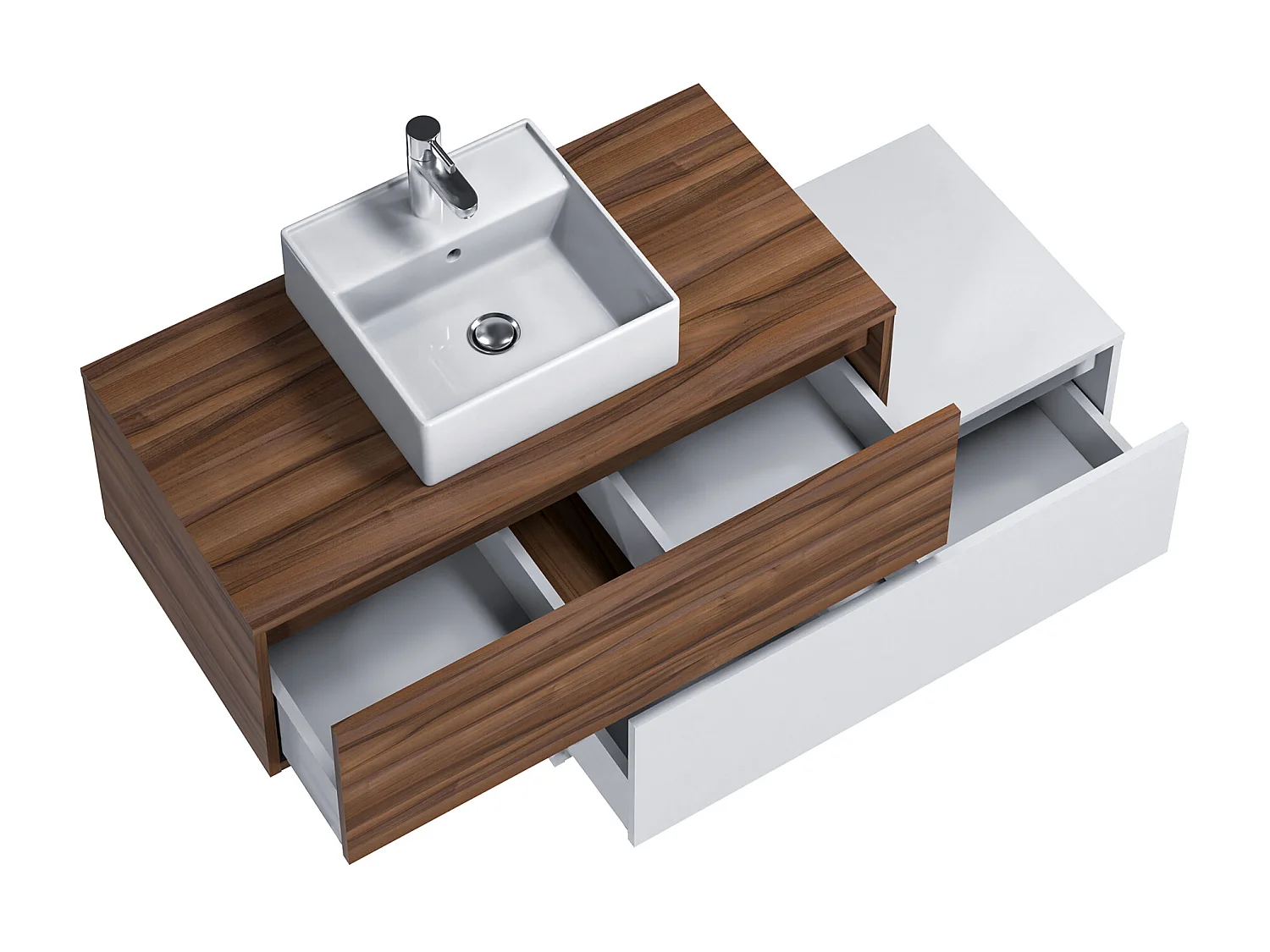 Donker naturel en wit hangend badkamermeubel met enkele wastafel en twee lades - 94 cm - TEANA II