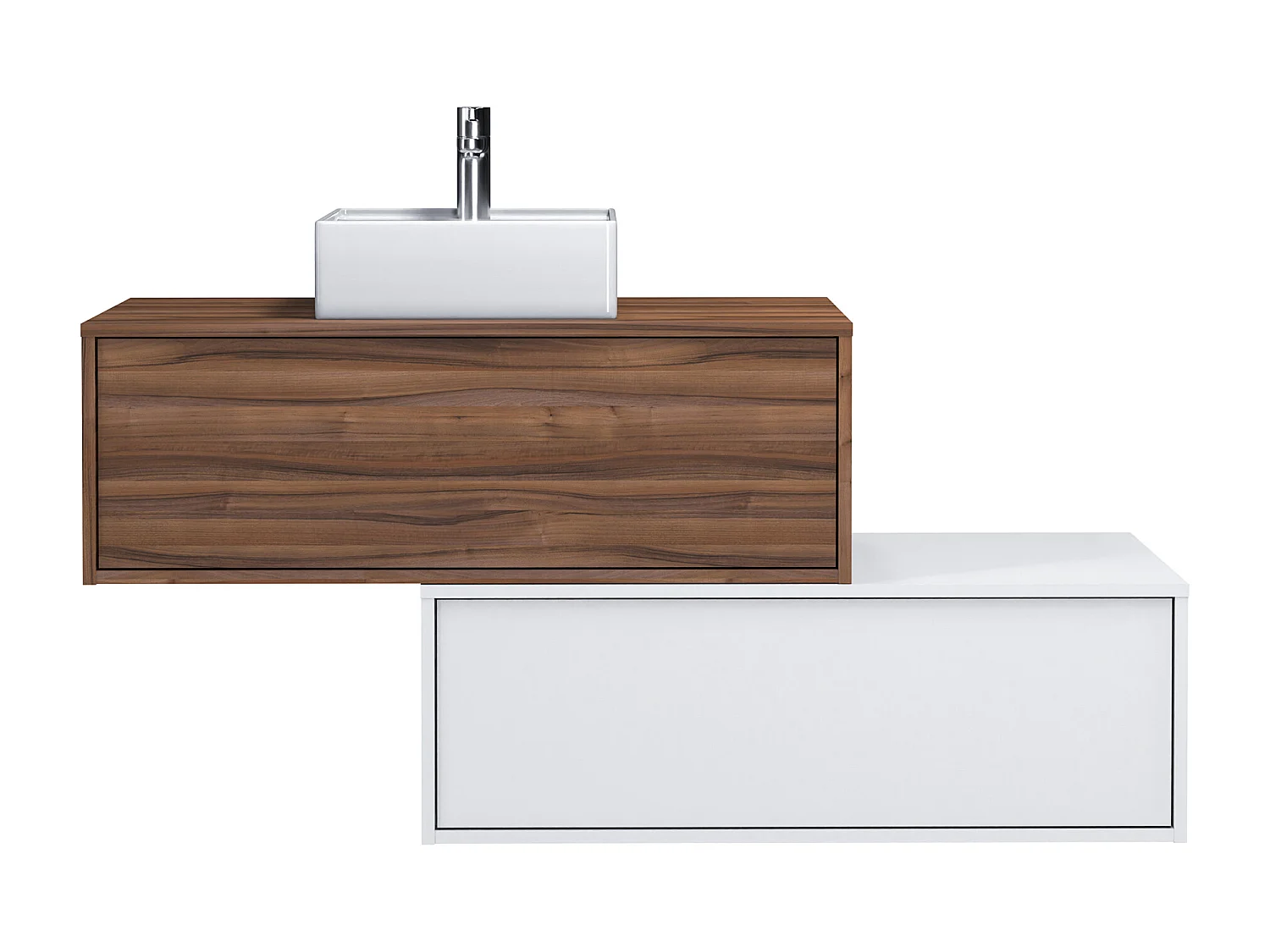 Donker naturel en wit hangend badkamermeubel met enkele wastafel en twee lades - 94 cm - TEANA II