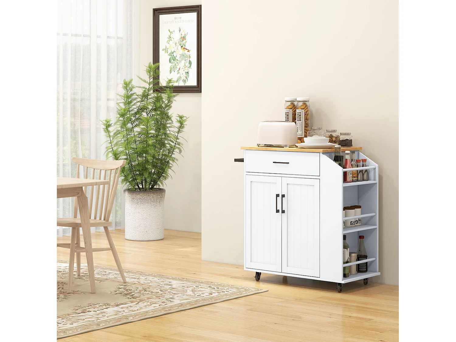 Desserte de cuisine 2 portes avec étagère tiroir 3 racks épices plateau hévéa verni MDF blanc