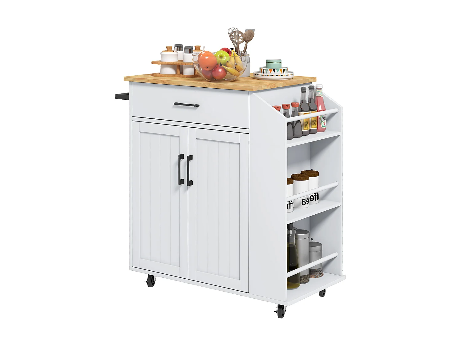 Desserte de cuisine 2 portes avec étagère tiroir 3 racks épices plateau hévéa verni MDF blanc
