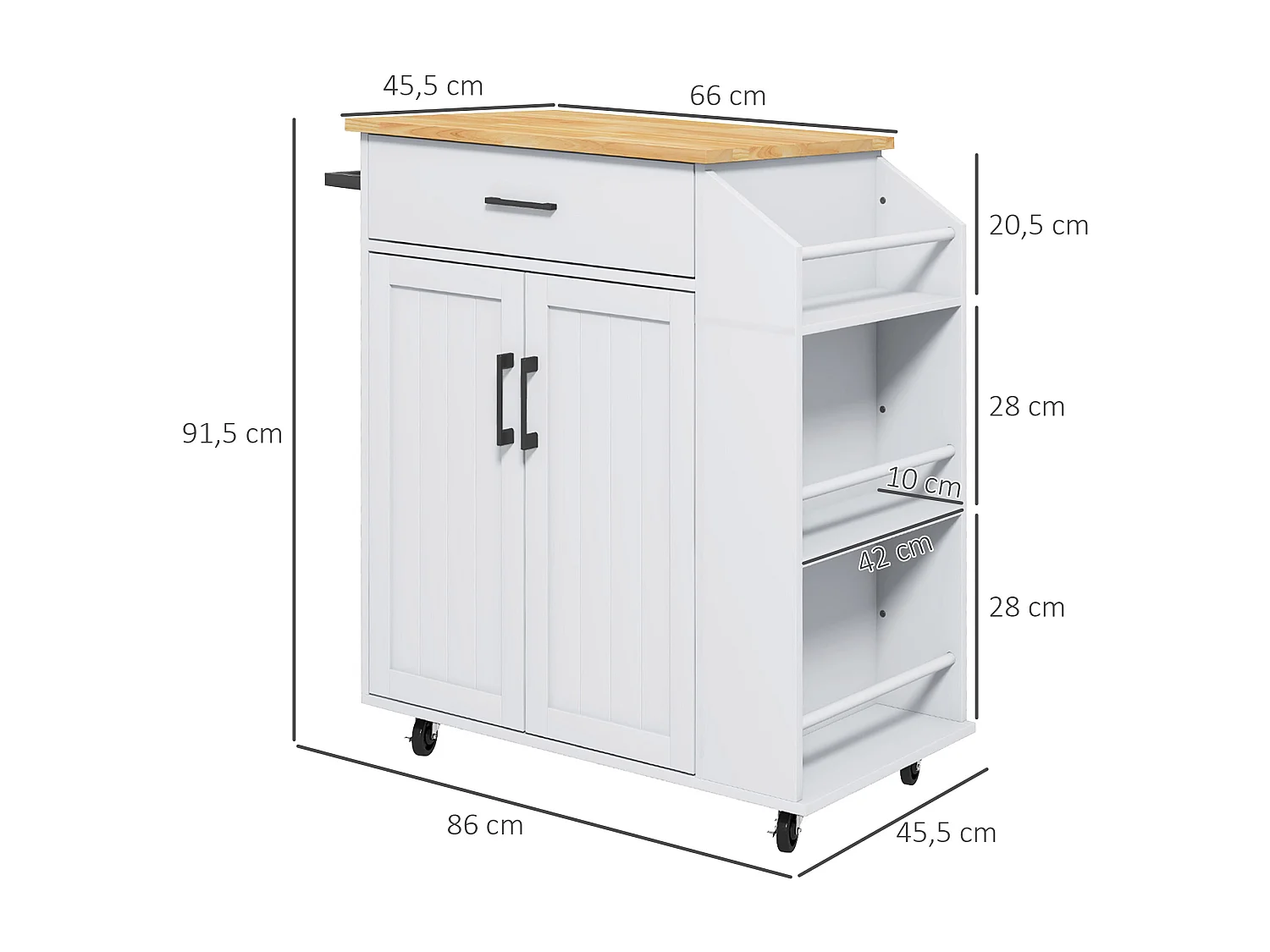 Desserte de cuisine 2 portes avec étagère tiroir 3 racks épices plateau hévéa verni MDF blanc