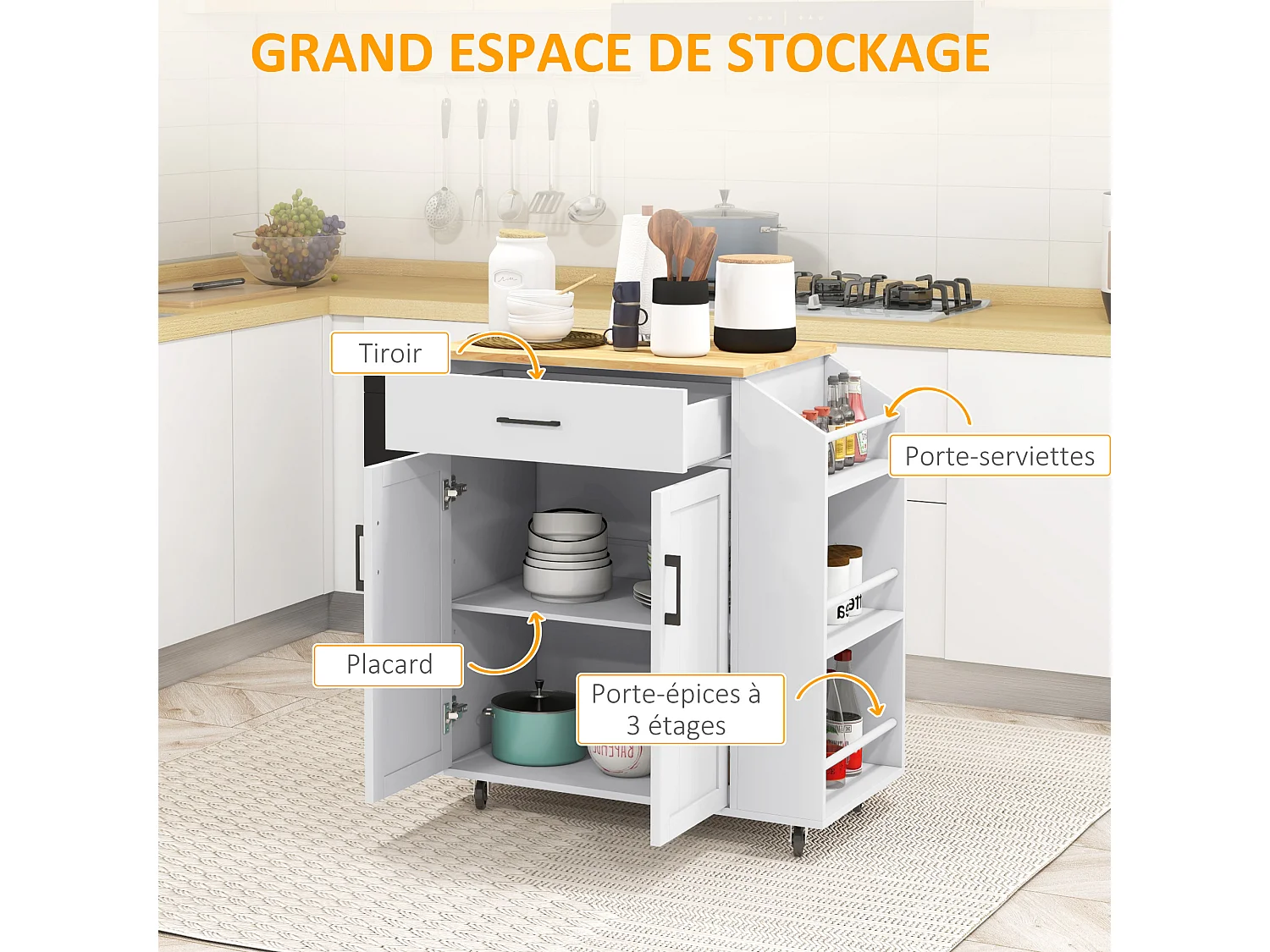 Desserte de cuisine 2 portes avec étagère tiroir 3 racks épices plateau hévéa verni MDF blanc