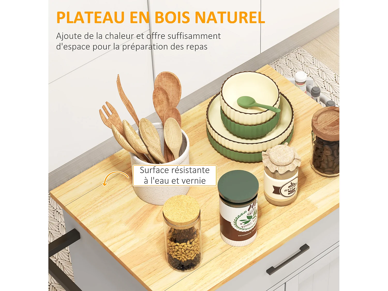 Desserte de cuisine 2 portes avec étagère tiroir 3 racks épices plateau hévéa verni MDF blanc