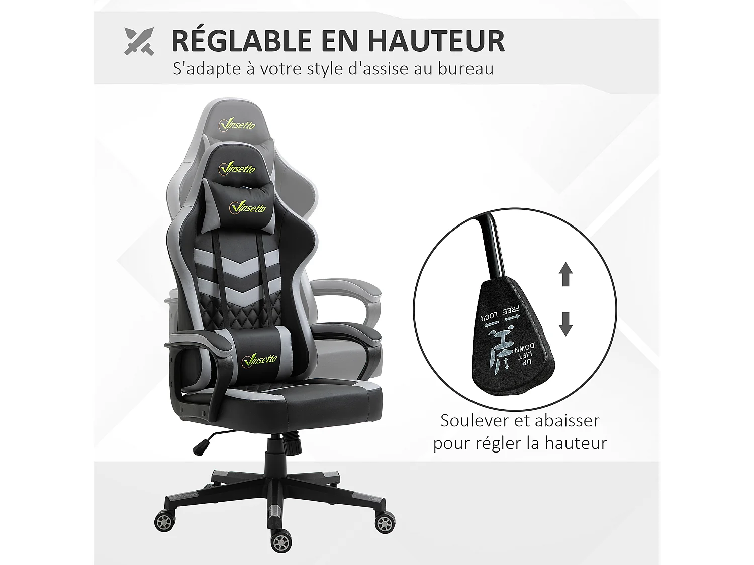 Chaise de bureau gaming réglable - coussin lombaires et tétière inclus - fonction bascule verrouillable - noir gris