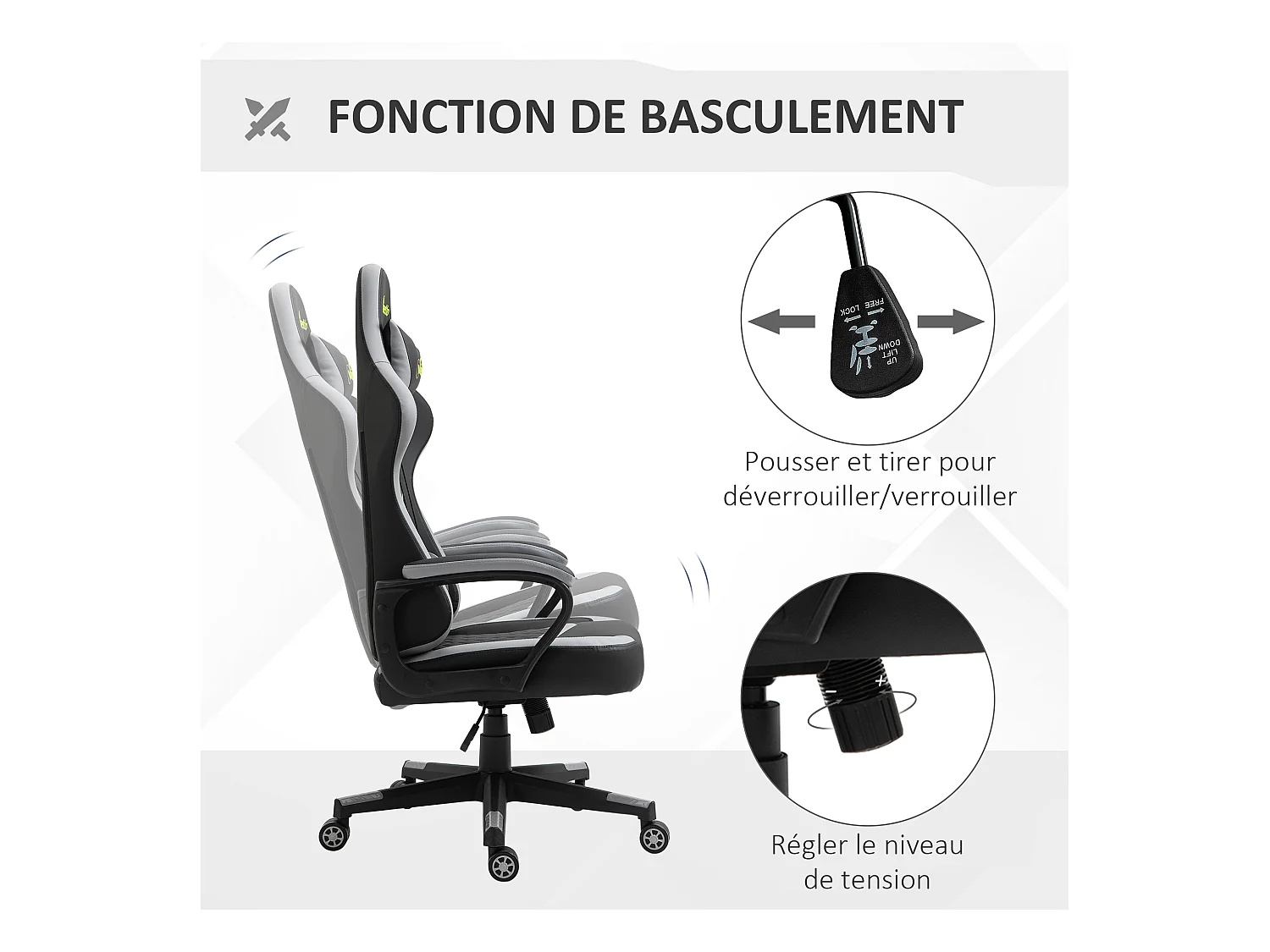 Chaise de bureau gaming réglable - coussin lombaires et tétière inclus - fonction bascule verrouillable - noir gris