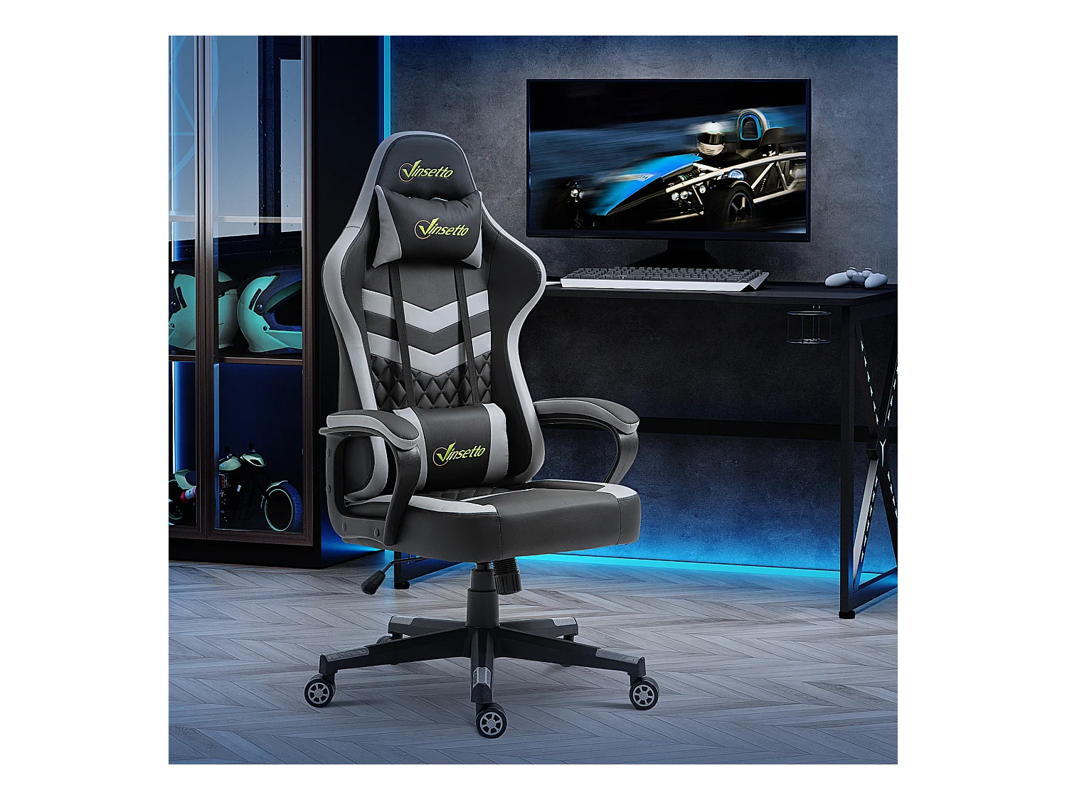 Chaise de bureau gaming réglable - coussin lombaires et tétière inclus - fonction bascule verrouillable - noir gris