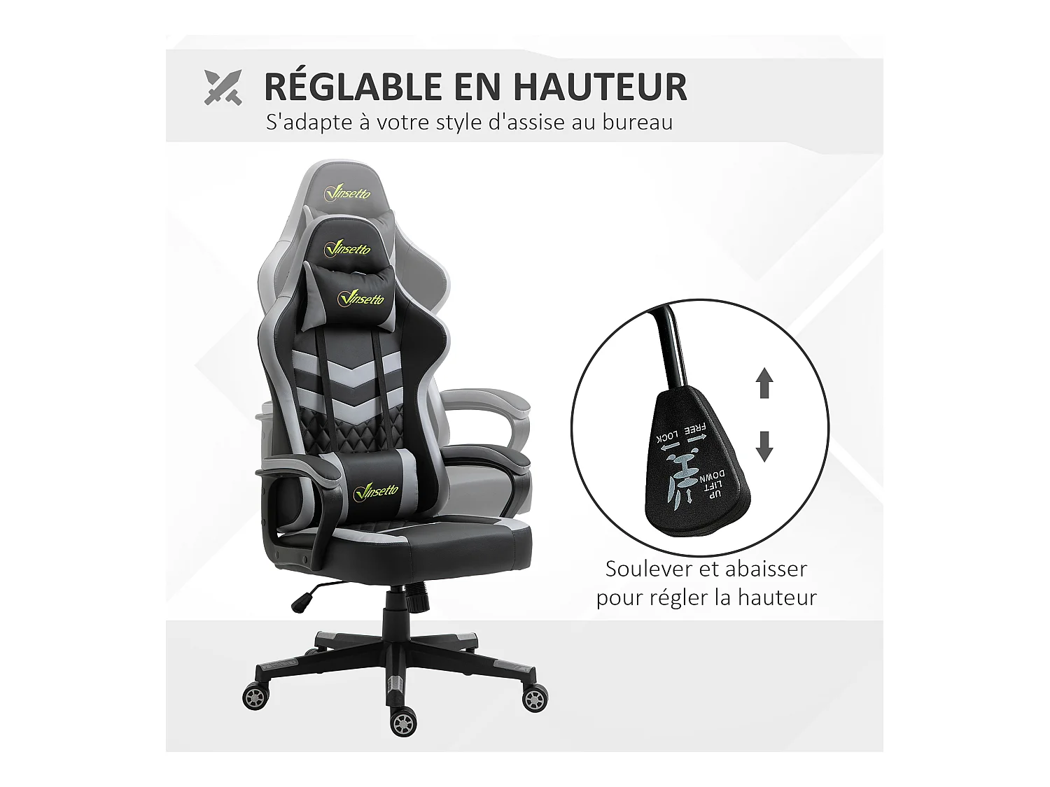 Chaise de bureau gaming réglable - coussin lombaires et tétière inclus - fonction bascule verrouillable - noir gris