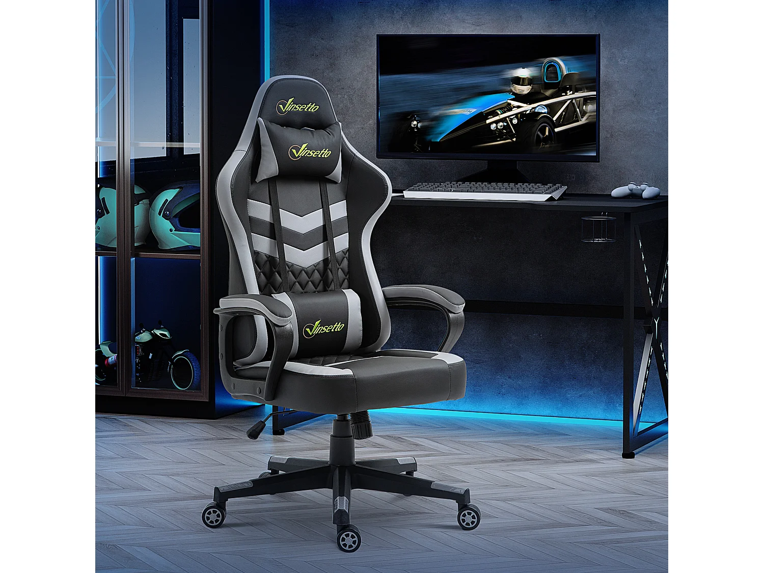 Chaise de bureau gaming réglable - coussin lombaires et tétière inclus - fonction bascule verrouillable - noir gris